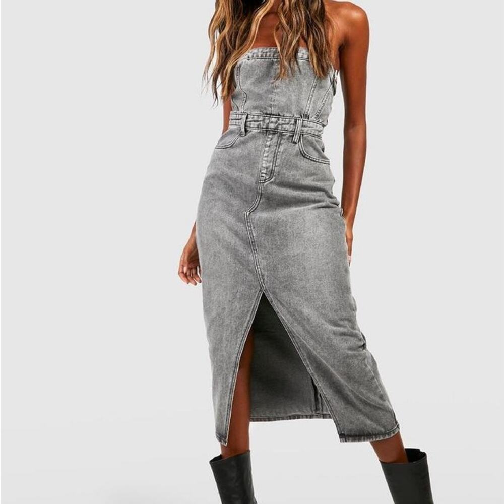 DISTRESSED GRAY DENIM BANDEAU SPLIT FRONT MIDI DRESS SZ L 12-14
